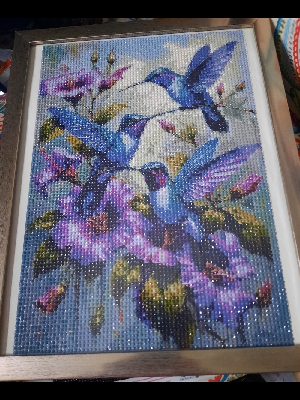 Framed Hummingbird Diamond Art Mosaic - Blue & Purple Floral